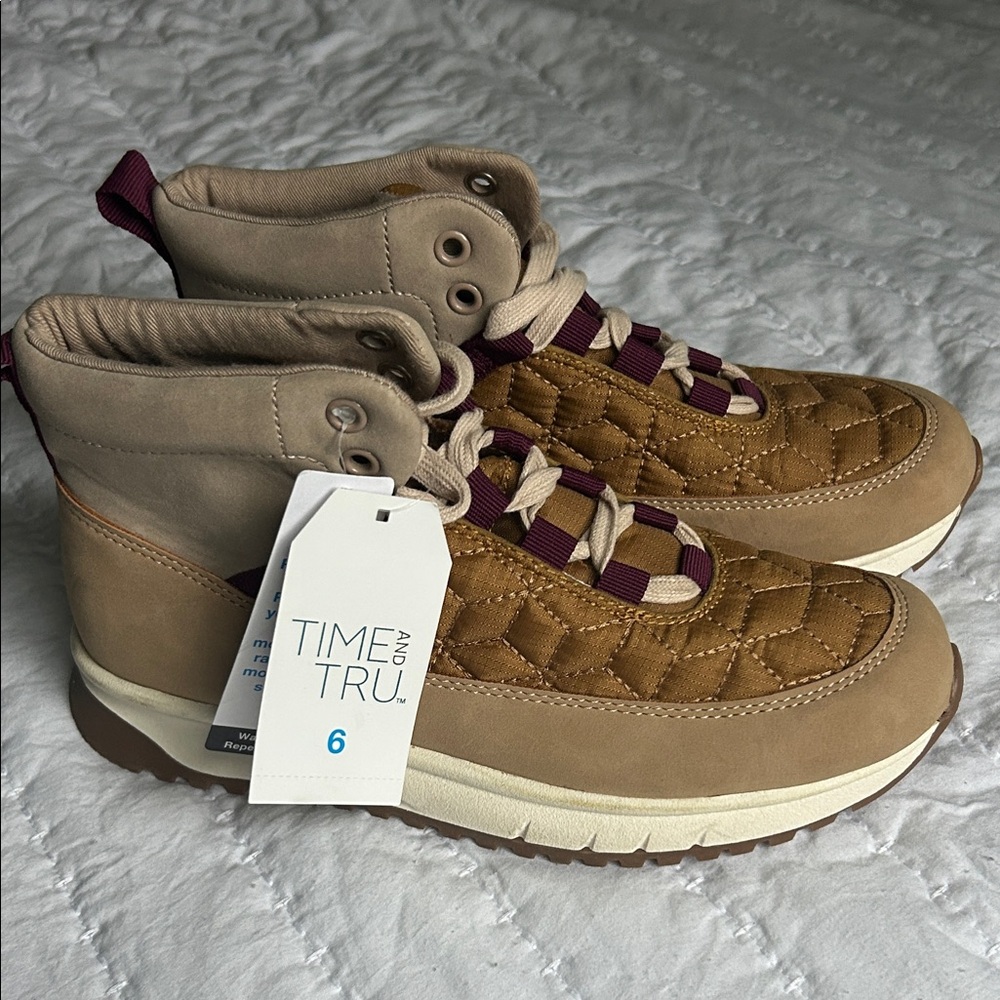 Time and Tru Tan and Brown Quilted Winter Boots